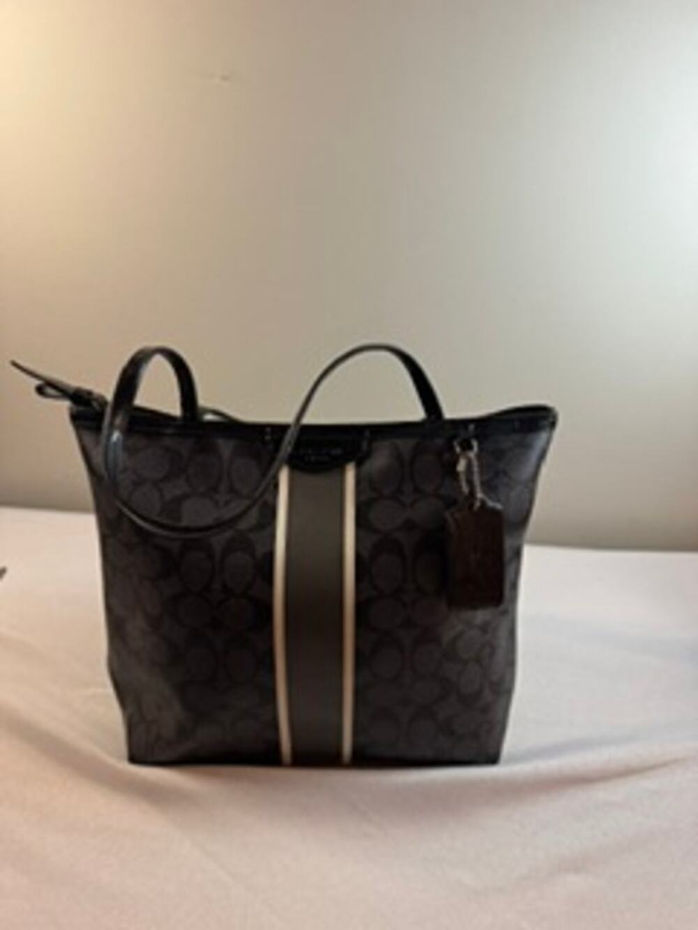 Coach Signature Stripe Tote Black Gray Patent Trim Shoulder Bag